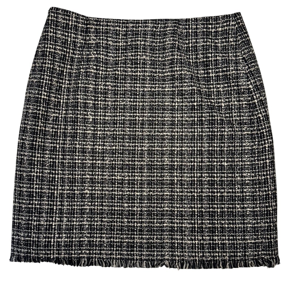 New York & Company Black White Tweed Fringe Mini Skirt Size 6 Wool Blend Lined